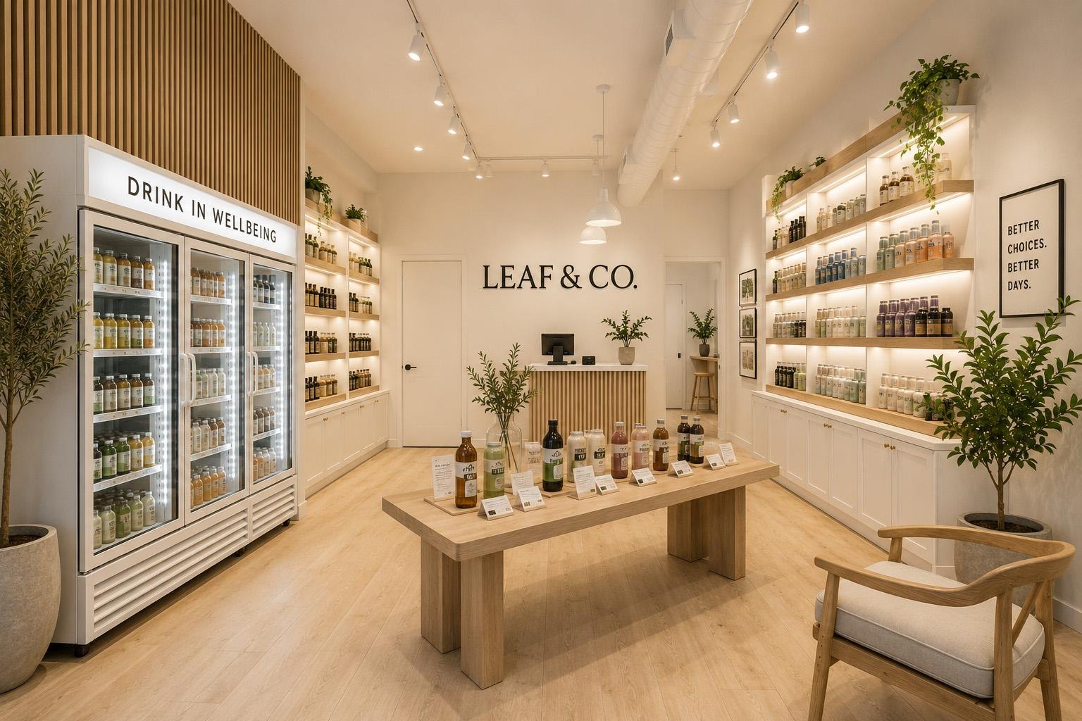Leaf & Co. interior concept: apothecary shelving, functional beverage fridge, warm wood and cream palette